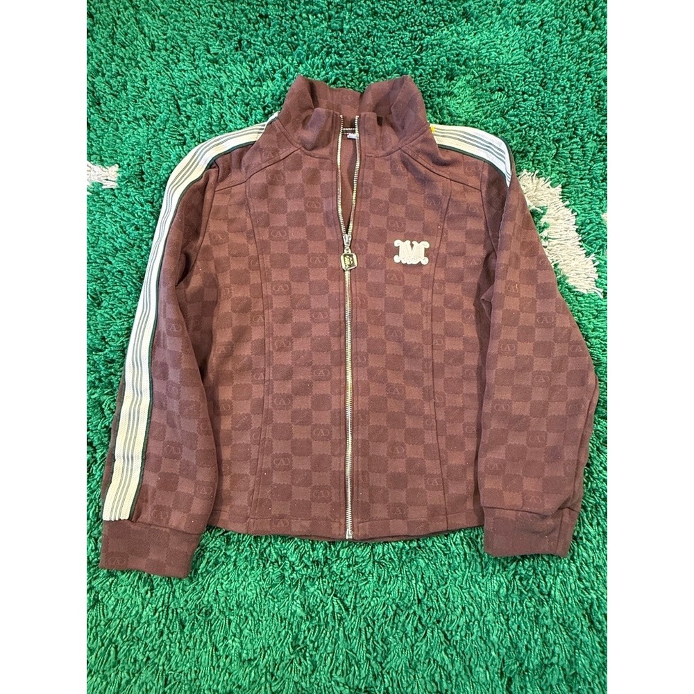 Unbranded Track Jacket Mens XXXL Brown Excellent Checkered Stripe Zip Up